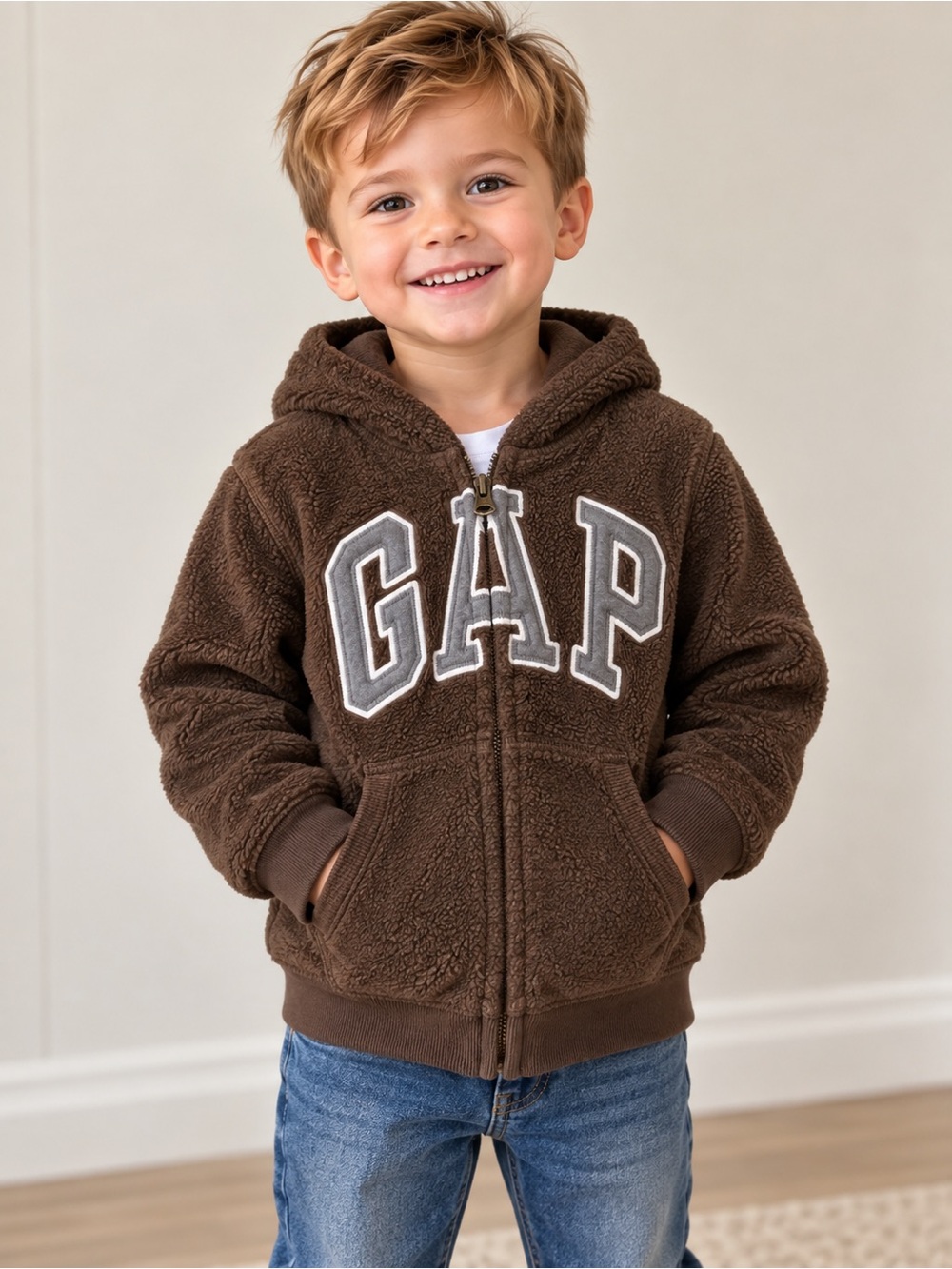 Baby Gap Toddler 2T Brown Sherpa Fleece Logo Zip Hoodie